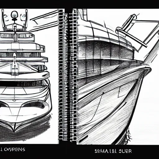 Prompt: sketches of super yacht, technical, detailed