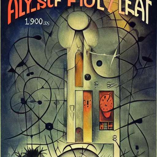 Prompt: futuristic abyssal 1 9 2 0's reservoir fractal warbler clock palm courtyard, by joan miro and monsu desiderio and anton pieck, movie poster, lowbrow, trending on cgsociety