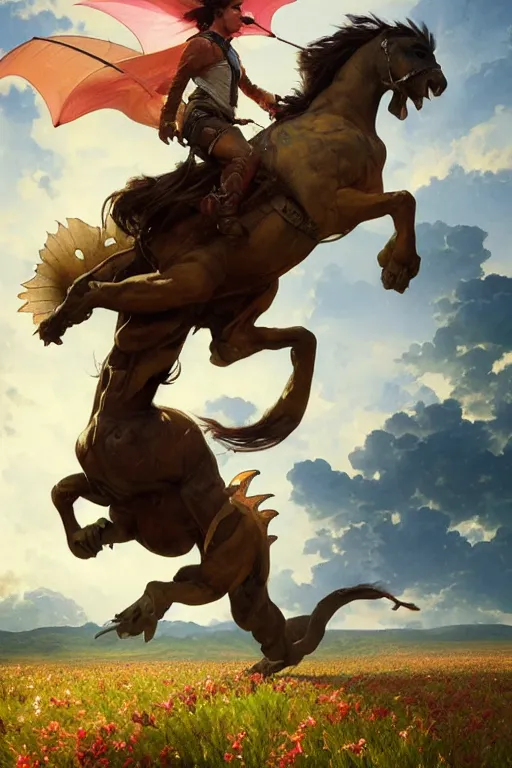 Image similar to fighter ridding a horse on a flower field, dragon flying in the sky above, highly detailed, digital painting, artstation, concept art, smooth, sharp focus, illustration, art by artgerm and greg rutkowski and alphonse mucha and andrei riabovitchev