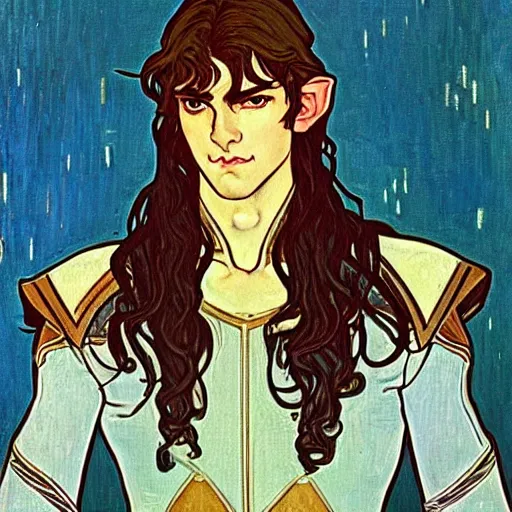 Image similar to portrait painting of young handsome beautiful paladin elf!! man with long! wavy dark hair and blue eyes in his 2 0 s named taehyung minjun james, pale, wearing armor!, gorgeous hair, elf ears, icy eyes, elegant, cute, delicate, soft facial features, art by alphonse mucha, vincent van gogh, egon schiele,