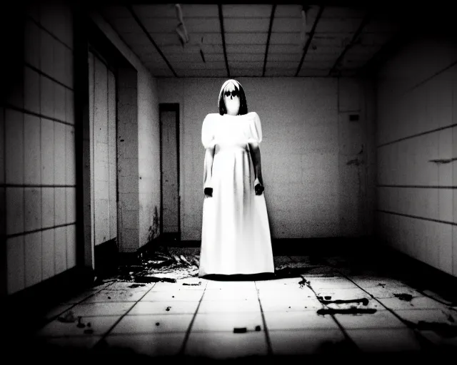 Image similar to creepy woman wearing white dress standing in the backrooms, psychological horror, the eerie forlorn atmosphere of a place that's usually bustling with people but is now abandoned and quiet, buzzing fluorescent lights above the ceiling, unsettling images, liminal space, dark