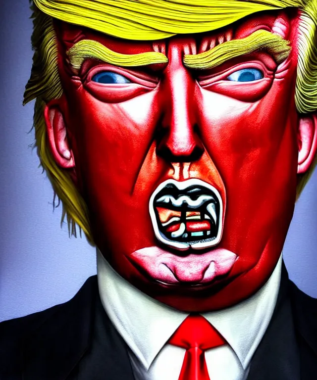 Image similar to hyperrealistic mixed media painting of Donald Trump as the doll from 'Saw', stunning 3d render inspired art by P. Craig Russell and Barry Windsor-Smith + perfect facial symmetry + dim volumetric lighting, ornate gothic armor, head and shoulders, d&d, arms crossed, serious expression, 8k octane beautifully detailed render, post-processing, extremely hyperdetailed, intricate, epic composition, grim yet sparkling atmosphere, cinematic lighting + masterpiece, trending on artstation, very very detailed, masterpiece, stunning