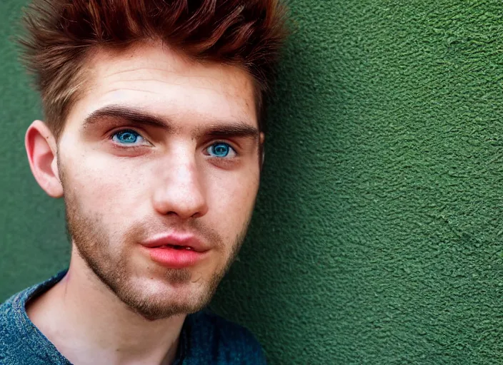 Prompt: hyper - realistic kodachrome medium shot portrait of an attractive ethereal 2 7 year - old male, of polish and greek descent with pale skin, brown spiky hair and green eyes. medium size nose. a short beard with philtrum. in the style of steve mccurry.