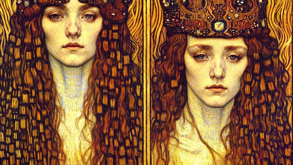 Image similar to detailed realistic beautiful young medieval queen face portrait by jean delville, gustav klimt and vincent van gogh, art nouveau, symbolist, visionary, gothic, pre - raphaelite, muted earthy colors, desaturated