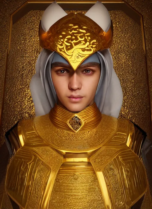 Image similar to portrait of sheikh ruler of dubai, dragon, head and torso only, cinematic lighting, studio quality, smooth render, unreal engine 5 rendered, octane rendered, art style by klimt and nixeu and ian sprigger and wlop and krenz cushart.