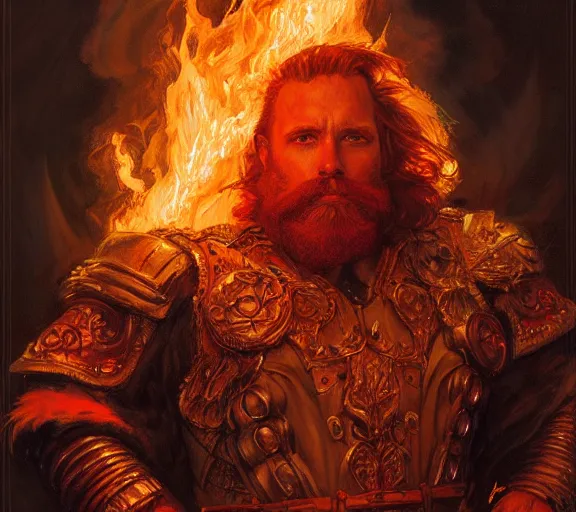 Image similar to The Fire King, beautiful young bearded ginger man, fire, flames, dramatic, hyperdetailed | donato giancola, ralph horsley, Artem Demura | waist-up portrait | dungeons and dragons