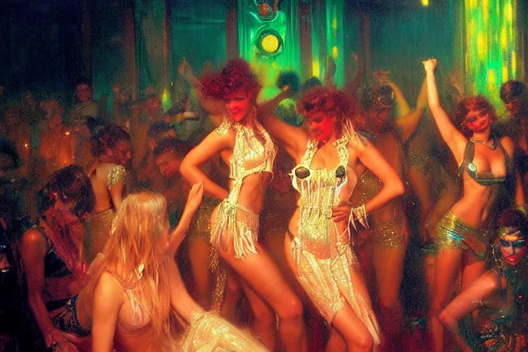 Prompt: 9 0's ibiza club party, techno, ecstatic, night, neon lighting, painting by gaston bussiere, craig mullins, j. c. leyendecker