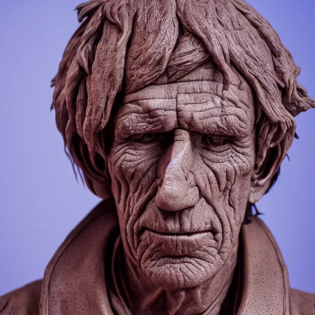 Image similar to photography of a bust of Keith Richards made of clay by Sebastian Kruger and Michelangelo, 50mm, studio atmosphere, 8K, rim light, octane render, ultra-realistic