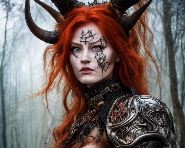 Image similar to 5 5 mm portrait photo of an armored gorgeous anesthetic redhead woman warrior with a face tattoo and horns growing from her head, in a magical forest in the style of stefan kostic, art by luis royo. highly detailed 8 k. intricate. lifelike. soft light. nikon d 8 5 0. cinematic post - processing