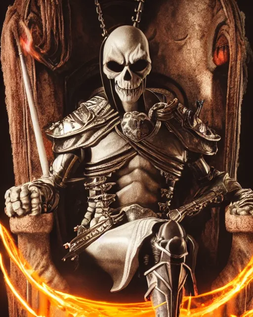 Image similar to closeup of skeletor sitting in a throne in a castle, rim lighting, octane, dark souls, craig mulins, octane, 8 k