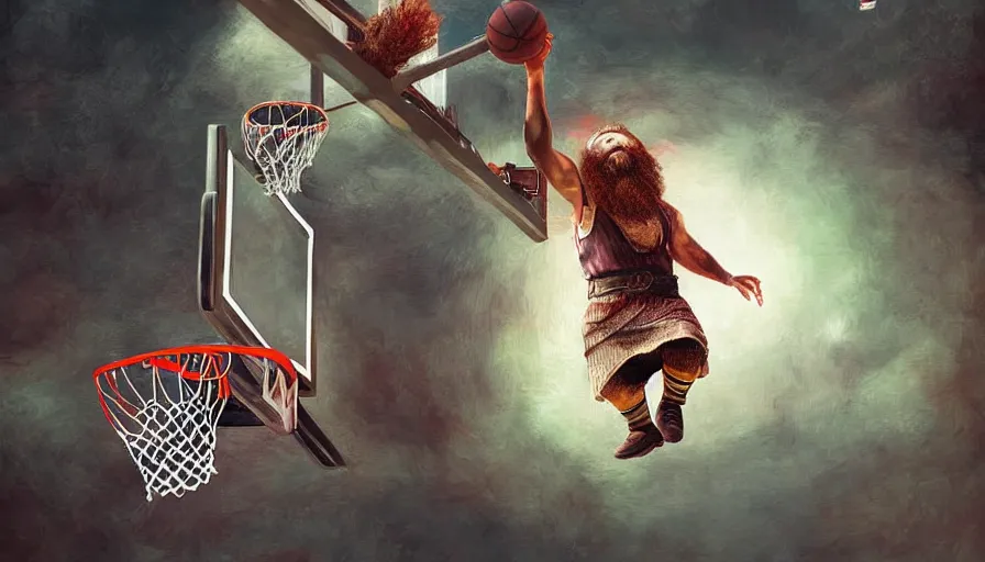 Image similar to a dwarf is dunking a basketball, digital art, highly detailed, realistic, bright colors, 8 k