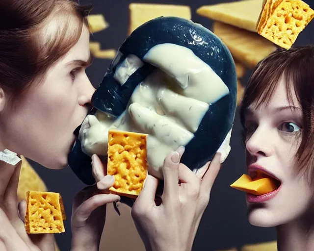 Prompt: incredible strange absurd closeup artwork of androids tasting cheese, finding it very weird but yet oddly tasteful at the same time, weird tasting ritual of cheese products in the style of tim walker fashion photography, also containing some soft cheese