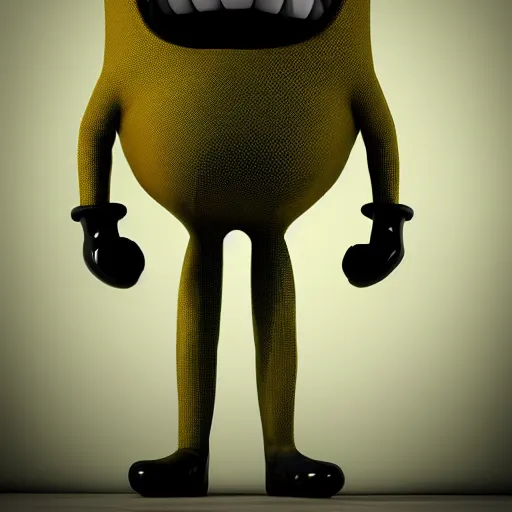 Image similar to a disfigured demented minion standing alone in a creepy room, scary, terror, horror, 3D render, blender render, octane render,