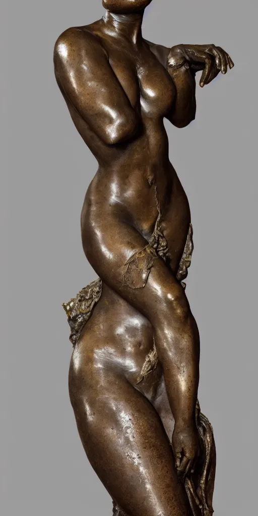 Prompt: detailed photo of an old bronze patina statue of beautiful seducing woman, full body portrait, various classical pose, photorealism, intricate detail, museum diffuse lighting