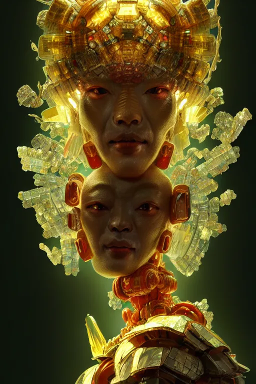 Image similar to asura from chinese myth, ghost, gorgeous and huge head ornaments, dystopian, cyberpunk, organic fractal mycelum and fungi, mecha, halfturn portrait of a big crystal face made of crystals half - turn, ominous, intricate, studio, art by anthony macbain + greg rutkowski + alphonse mucha, concept art, 4 k, sharp focus