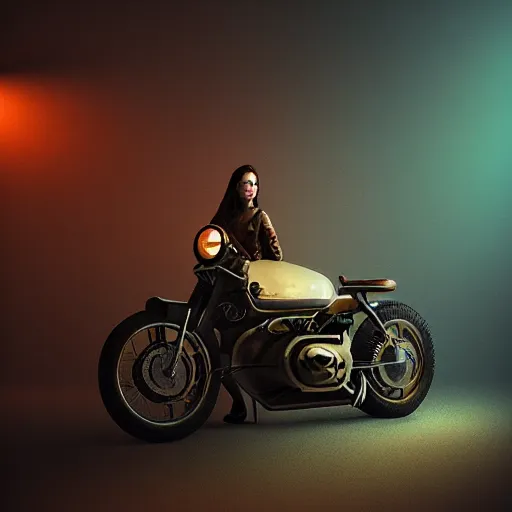 Image similar to retro futuristic vintage motorcycle, atmospheric lighting, painted, intricate, volumetric lighting, beautiful, daytime, sunny weather, slight overcast, sharp focus, deep colours, ultra detailed, by leesha hannigan, ross tran, thierry doizon, kai carpenter, ignacio fernandez rios