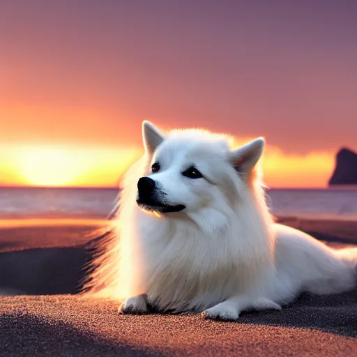 Image similar to a closeup photorealistic photograph of japanese spitz on the beach at sunset. this 4 k hd image is trending on artstation, featured on behance, well - rendered, extra crisp, features intricate detail and the style of unreal engine. golden hour