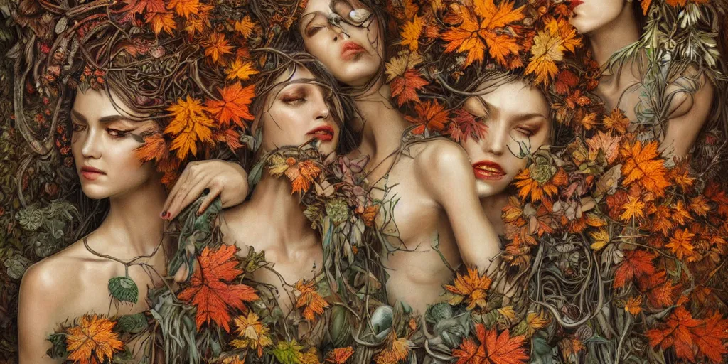 Image similar to breathtaking detailed concept art painting of goddesses of autumn by beto val, vintage illustration pattern with bizarre compositions blend of plants and stems and leaves, exquisite detail, extremely moody lighting, 8 k