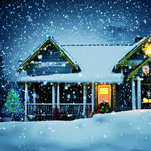 Prompt: a little house on a snowy night, full moon, christmas lights, santa claus approaching the house