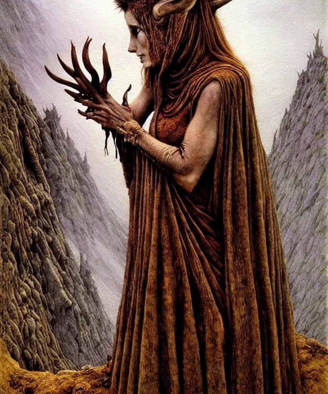 Image similar to A detailed horned deerwoman stands among the mountains with a ring in hand. Wearing a ripped mantle, robe. Extremely high details, realistic, fantasy art, solo, masterpiece, art by Zdzisław Beksiński, Arthur Rackham, Dariusz Zawadzki