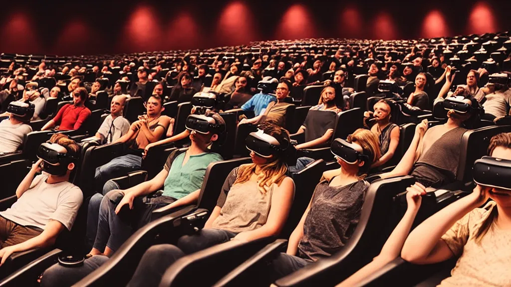 Image similar to people in a busy movie theatre, all wearing vr headsets with art direction by salvador dali, wide lens