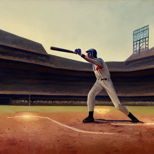 Image similar to baseball player hitting the ball with the baseball bat in the middle of the game and in front of everyone in the stadium, james gurney painting style, greg rutkowski, artstation, octane render, unreal engine 5