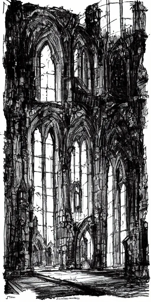 Image similar to a brilliant expressive ink sketch of a gothic ruin by josep tapiro baro in the style of romanticism art, dynamic lighting