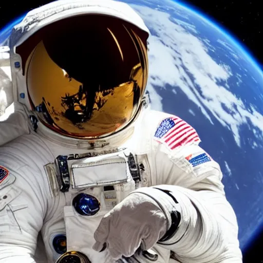 Image similar to a close up photo of an astronaut floating in space. you can see the reflection of the photographer in his helmet.