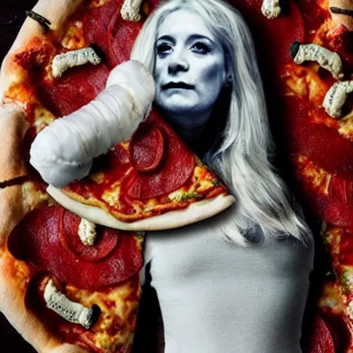 Image similar to nightmare queen of england made out of pizza, photorealistic