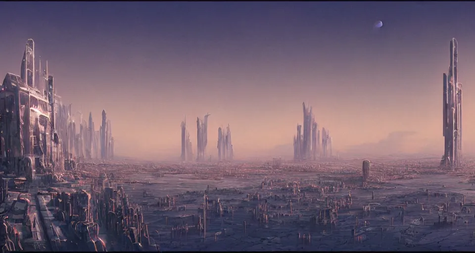 Prompt: view on futuristic city in the horizon, illustration by wayne barlowe, detailed, sharp, 8 k