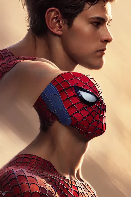 Image similar to portrait of a young spiderman handsome, male, masculine, upper body,, fantasy, fierce, sharp features, intricate, elegant, highly detailed, digital painting, artstation, concept art, matte, sharp focus, illustration, art by artgerm and greg rutkowski and alphonse mucha