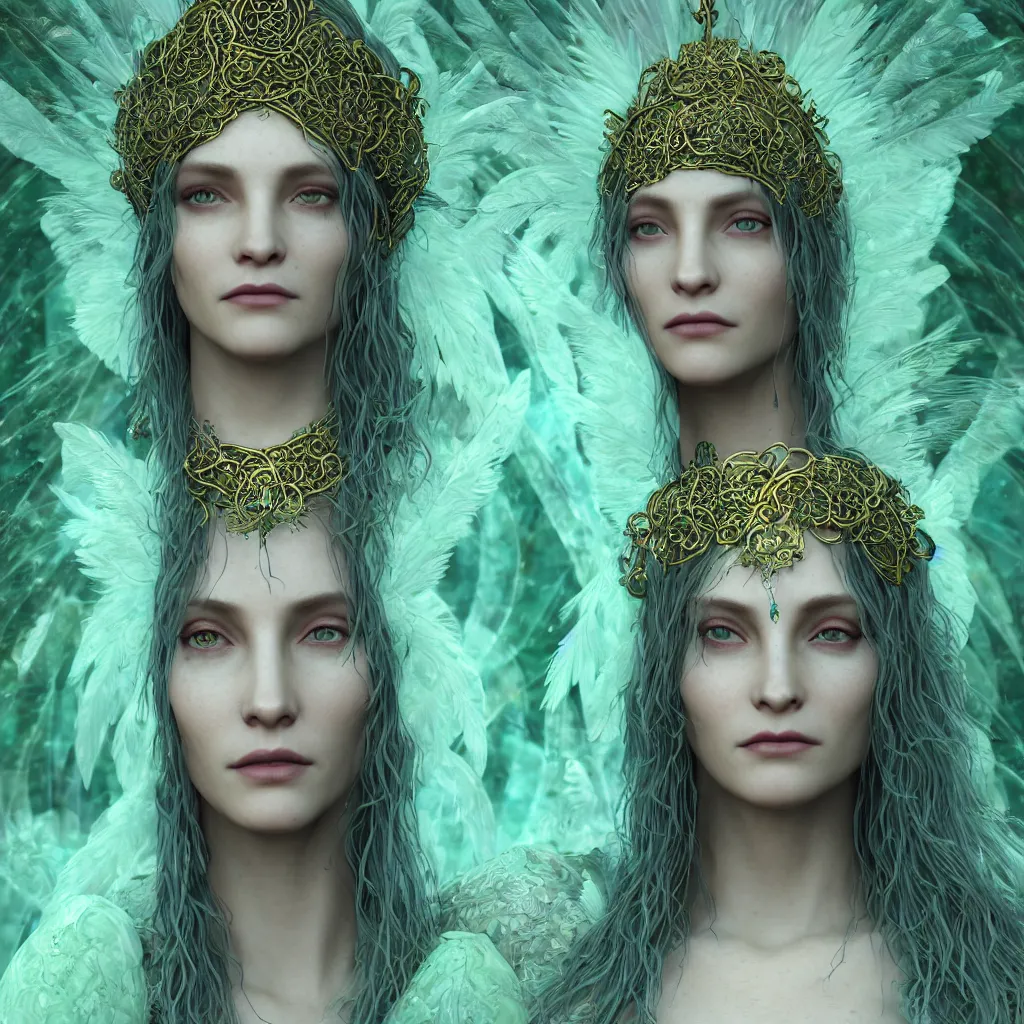 Prompt: wiccan high priestess with angelic face, super fine details and intricate jewellery with feathers and crystals, ethereal, in deep clear emerald water, divine realm of gods, solarpunk realistic cinematic style, high contrast filmed in 7 0 mm, volumetric lighting, octane render, concept art, leonardo davinci, unreal engine, greg rutkowski, zbrush, 8 k