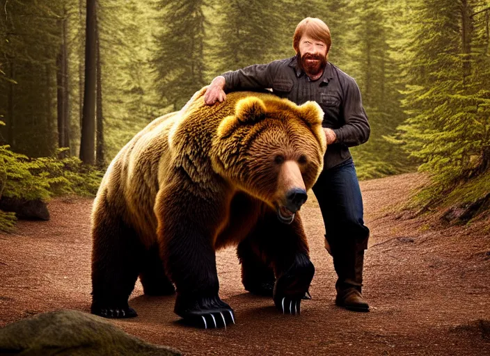 Image similar to portrait photo of chuck norris riding his fluffy grizzly bear, in the forest at dawn. fantasy magic style. highly detailed 8 k. intricate. lifelike. soft light. sony a 7 r iv 5 5 mm. award winning photography.