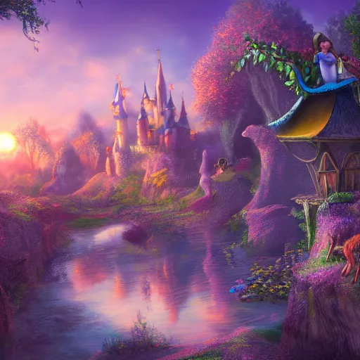 Image similar to realistic, fairytale land, sunset, detailed, trending on artstation