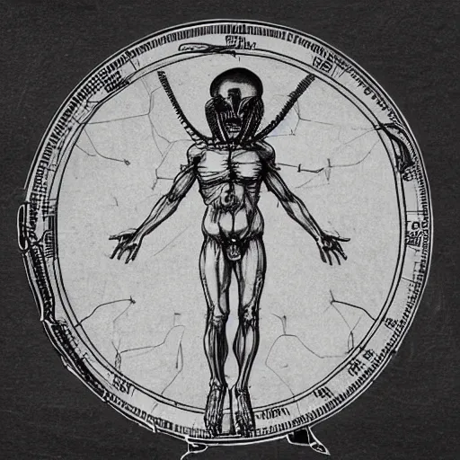 Image similar to a diagram of a xenomorph in the style of leonardo da vinci's vitruvian man