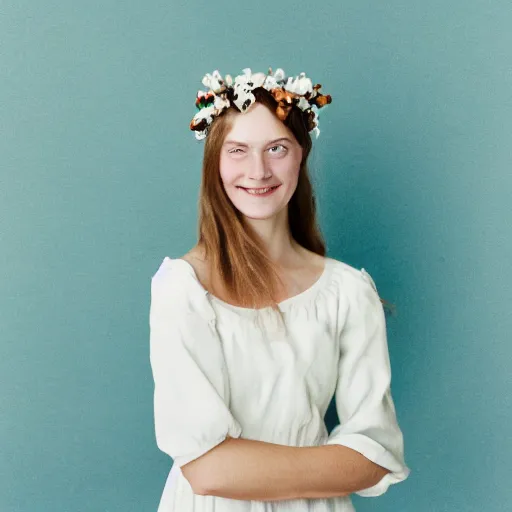 Image similar to a photograph of beautiful nordic woman, wistful smile, wearing a white folkdrakt dress, she has a summer flower headband. against a teal studio backdrop. strong kodak portra 4 0 0 film look. film grain. cinematic. in - focus