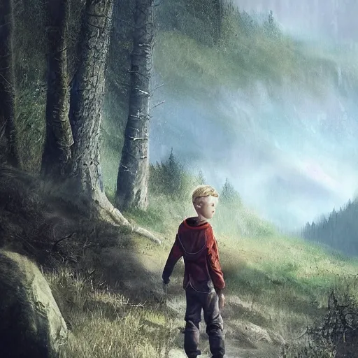 Image similar to Young blonde boy fantasy thief, realistic, ultra detailed, menacing, powerful, dark, shallow focus, forest, mountains in the background concept art design as if designed by Wētā Workshop