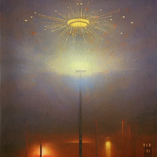 Prompt: detailed painting of a satellite station, exterior, floral ornaments, volumetrics lights, beam of bright lights through the clouds, beksinski, bougeureau