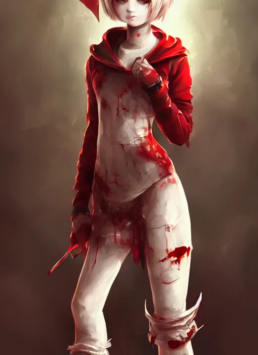 Image similar to a highly detailed illustration of short hair cute japanese girl wearing blood stained hoodie and bandages on legs, dramatic sadistic smile pose, intricate, elegant, highly detailed, centered, digital painting, artstation, concept art, smooth, sharp focus, league of legends concept art, WLOP