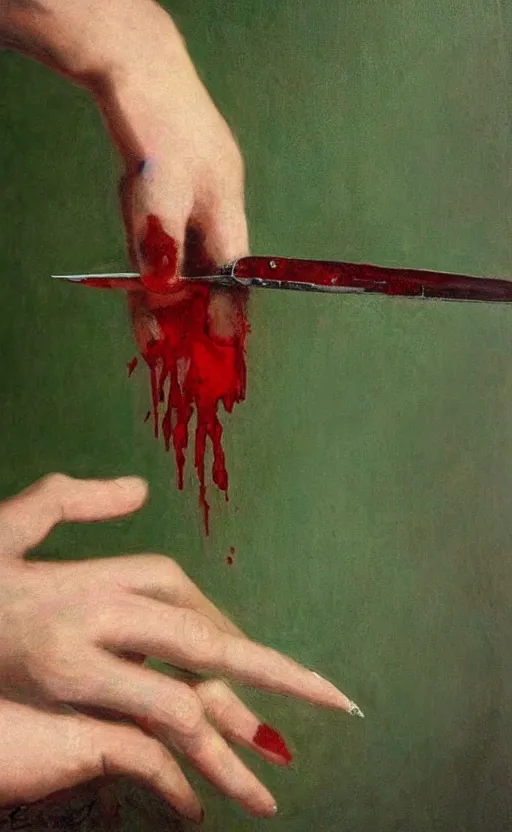 Image similar to by 1 9 th century famous painter, hands, nail polish, blood smear, blood dripping, knife, realism, realistic, oil painting, green wallpaper background