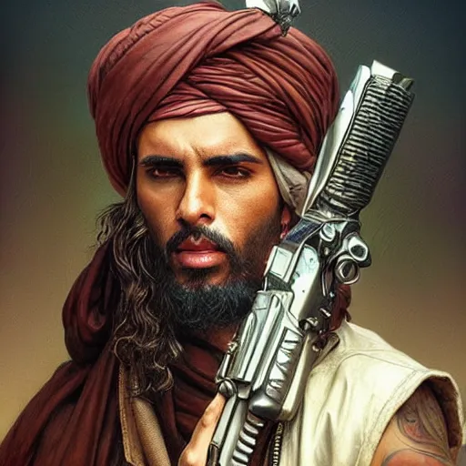 Image similar to portrait of taliban and leather men at gay pride in brighton, real life skin, intricate, elegant, highly detailed, artstation, concept art, smooth, sharp focus, art by artgerm and greg rutkowski and alphonse mucha