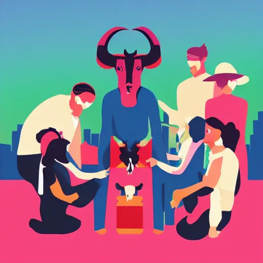 Prompt: A group of millennial hipsters surrounding and worshipping a satanic goat-person, in the style of Corporate Memphis, Alegria style, Big Tech corporate art design, simple gradients, simple, minimalist