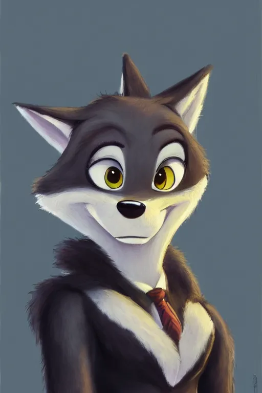 Image similar to oil painting of anthromorphic female wolf, in style of zootopia, female fursona, furry, furaffinity, 4 k, deviantart, furry art, fursona art, wearing black business suit, business suit, wolf fursona, female, smug expression,