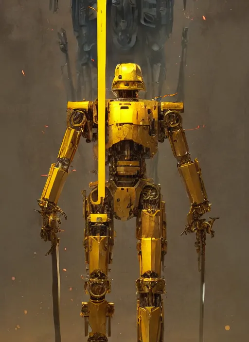 Prompt: human-sized strong intricate yellow pit droid carrying great sword, pancake short large head, exposed metal bones, painterly humanoid mecha, by Greg Rutkowski