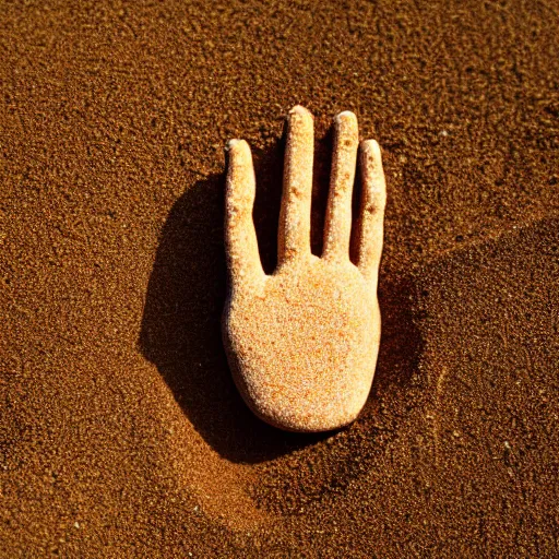 Image similar to a hand holding a face made of sand, color photo, 8 5 mm high depth of field, warm color palette