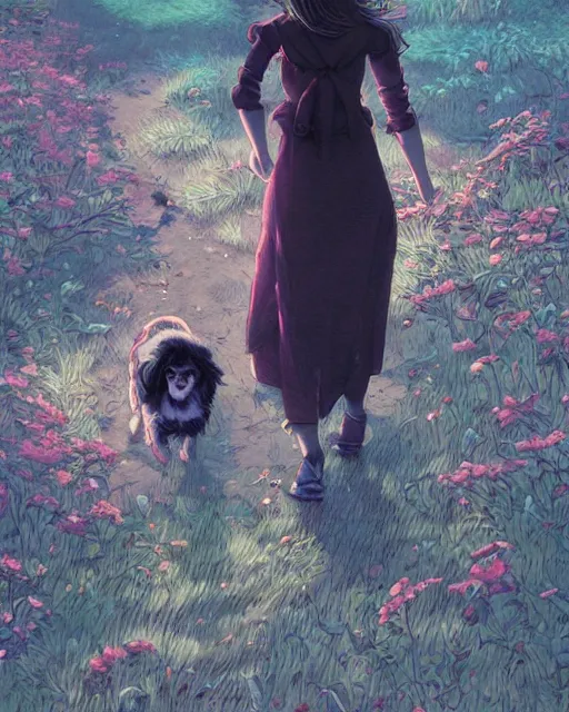 Prompt: a girl walking her small dog at the park, full shot, visible face, ambient lighting, detailed, art by ayami kojima, makoto shinkai, kilian eng