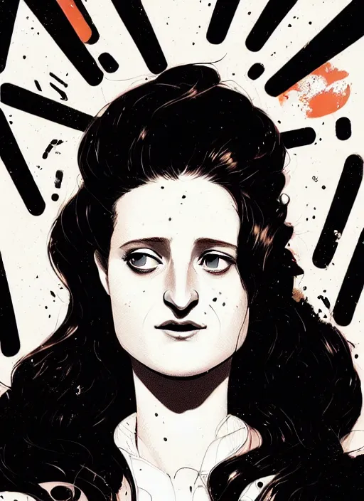 Image similar to highly detailed closeup portrait of beautiful grace gummer as dom dipierro, wavy ginger hair, black dress, by atey ghailan, by greg rutkowski, by greg tocchini, by james gilleard, by joe fenton, by kaethe butcher, gradient orange, black and white color scheme, grunge aesthetic!!! ( ( graffiti tag wall background ) )