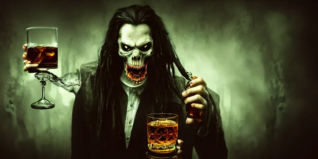 Prompt: a high - quality photorealistic dark and moody photography portrait of an evil horror vampire holding a glass of whisky, cthulhu tentacles, thanatos, horror, swamp fog mist, horror, 8 k resolution, concept art, devils and demons