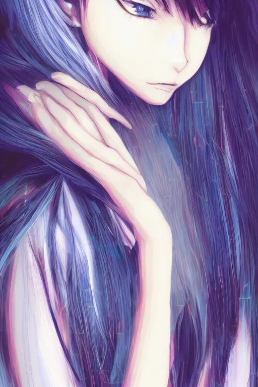 Image similar to close up portrait of an anime girl crying, blue long hair, digital illustration, dramatic lighting, by mai yoneyama, blurred background