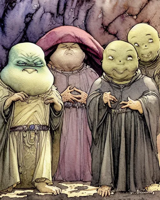 Image similar to a realistic and atmospheric watercolour fantasy character concept art portrait of a fat adorable dirty chibi alien greeting a group of medieval monks in grey robes. by rebecca guay, michael kaluta, charles vess and jean moebius giraud